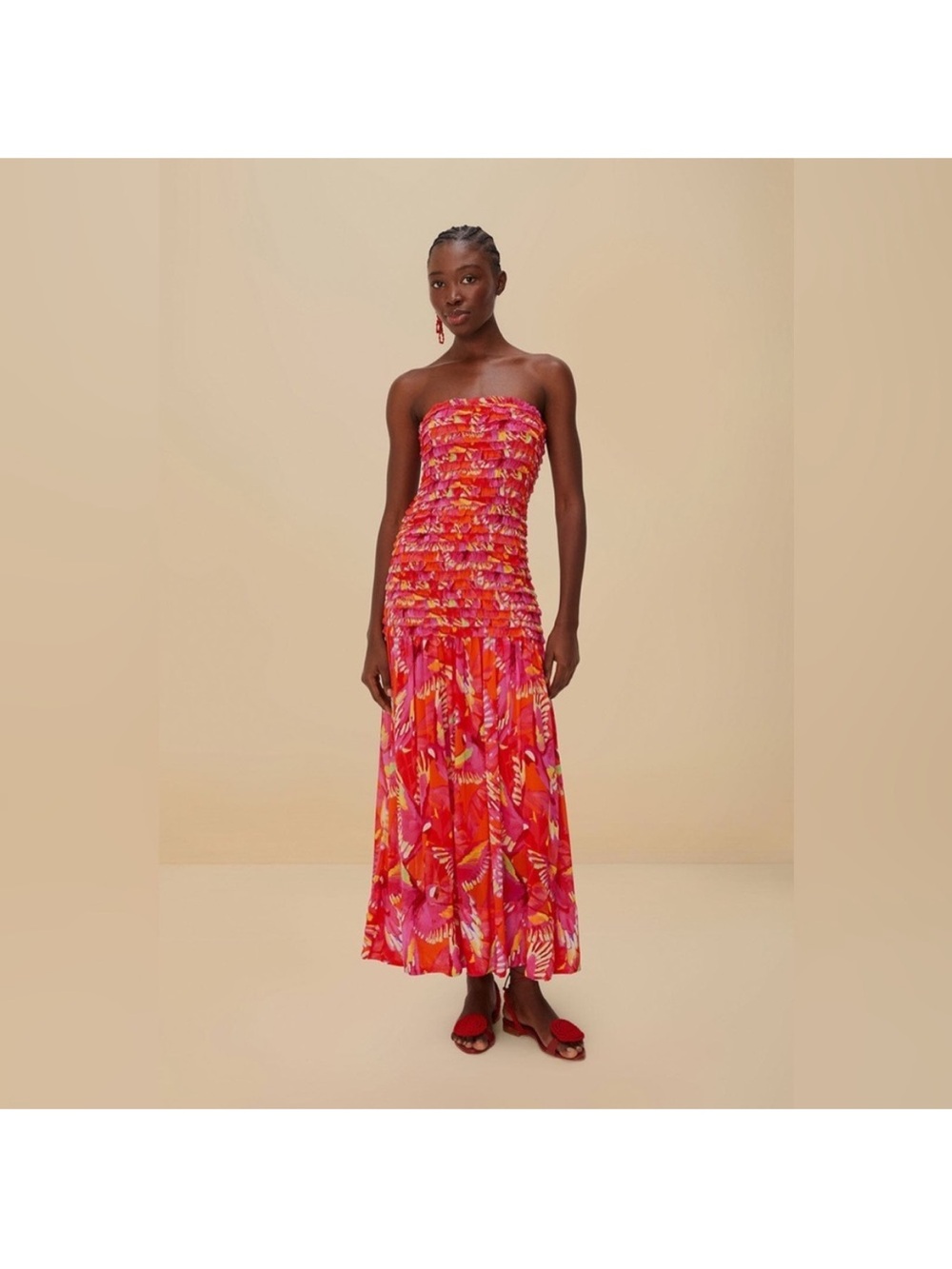 Farm Rio - NWT- Orange Flying Birds Strapless Smocked Maxi Dress